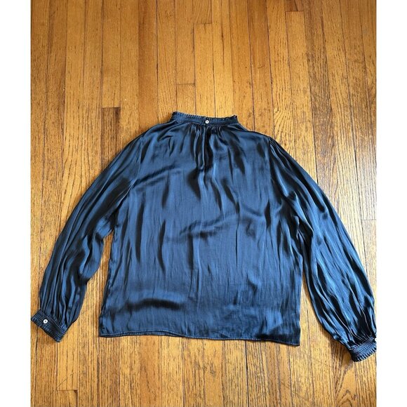 Current Air High Neck Blouse Pleated Satin Ruffle Trim Top Size Large Green - Picture 6 of 6